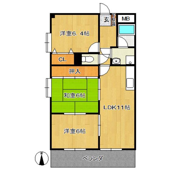メルベーユ旭(3LDK/1階)の間取り写真