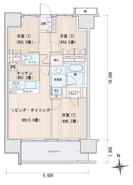 エスティメゾン豊洲レジデンス B棟(3LDK/2階)の間取り写真