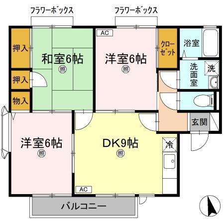 メゾン・ド・ボヌールD棟(3DK/2階)の間取り写真