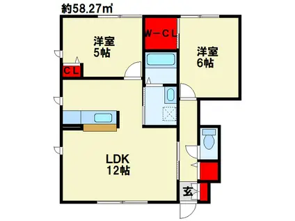 カーザ上の原 A棟(2LDK/1階)の間取り写真