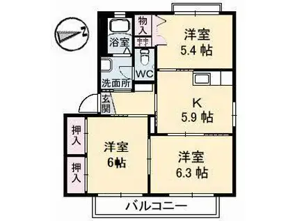 KSヒル B棟(3K/1階)の間取り写真