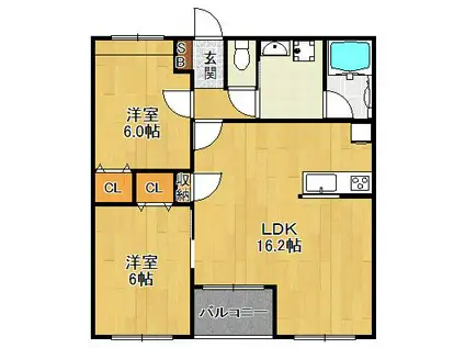 グリーンフォレスト西宮6(2LDK/2階)の間取り写真
