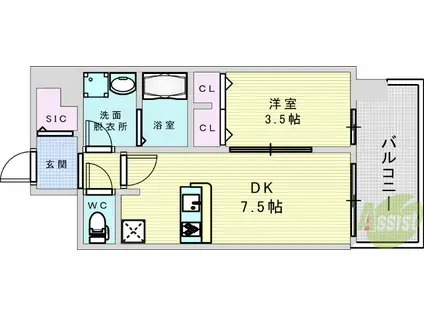 レジュールアッシュOSAKAGATEWAY(1DK/13階)の間取り写真