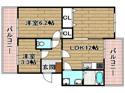 モダンアパートメント高槻城南(2LDK/3階)の間取り写真