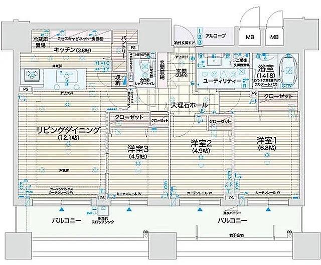 グラファーレ学園前ステーションサイド(3LDK/12階)の間取り写真