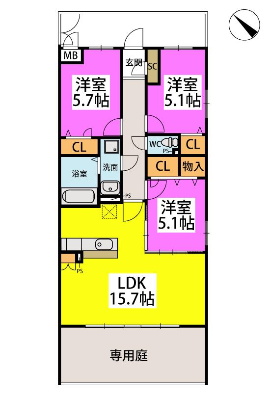 プレアL八幡馬場山I(3LDK/1階)の間取り写真
