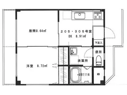 シャルム宮原(2DK/3階)の間取り写真