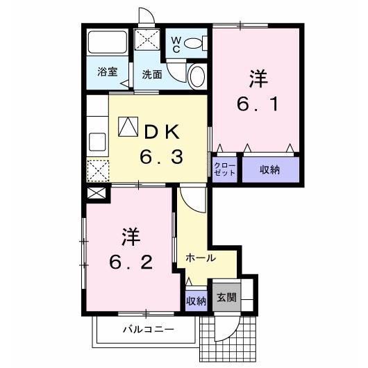 カーサ アンソレイユS(2DK/1階)の間取り写真