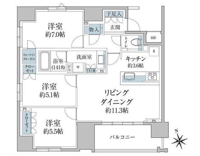 グランスイート八丁堀(3LDK/3階)の間取り写真