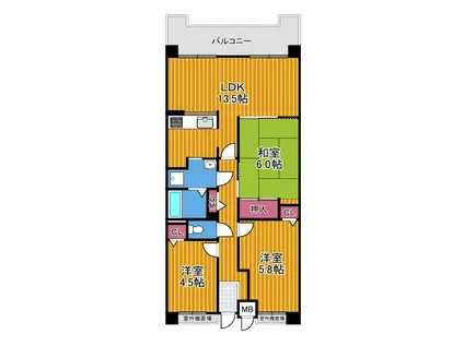 グリーンコーポ富田林(3LDK/5階)の間取り写真