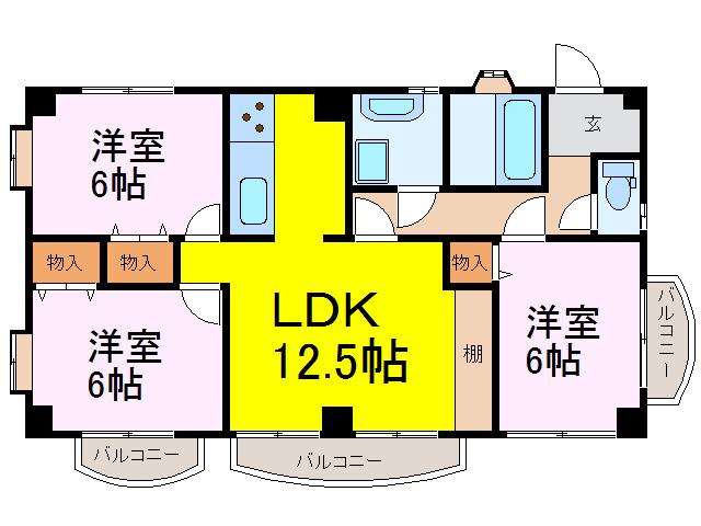 ピュアコート堤(3LDK/3階)の間取り写真