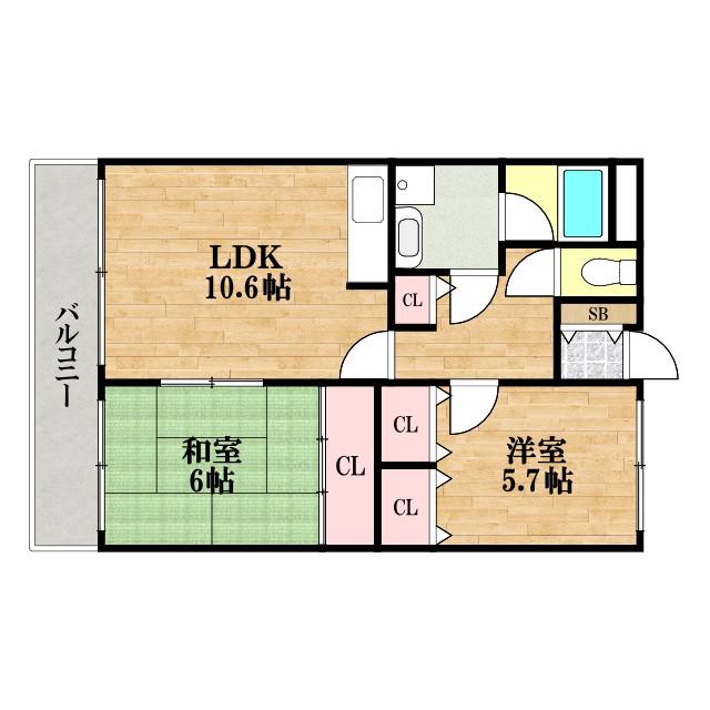 ライオンズシティ難波南(2LDK/14階)の間取り写真
