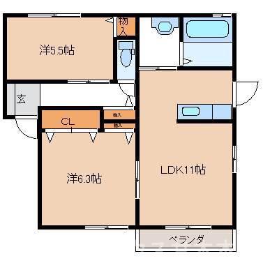 シャーメゾン来春(2LDK/1階)の間取り写真