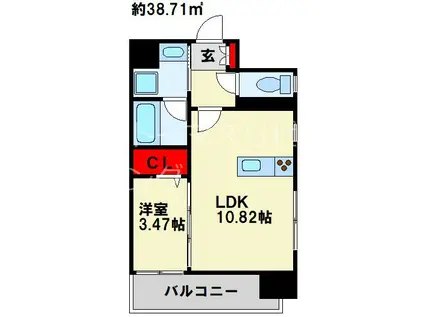 北九州モノレール 平和通駅 徒歩3分 11階建 築4年(1LDK/8階)の間取り写真