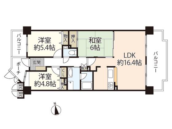 牛田早稲田グランドハイツ(3LDK/5階)の間取り写真