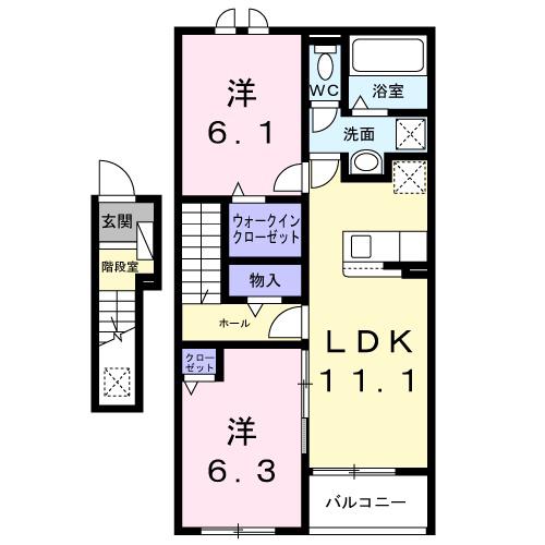 グリュンヴェルデ(2LDK/2階)の間取り写真