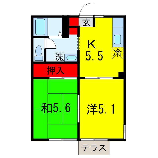 ソレイユ若葉 B棟(2K/2階)の間取り写真