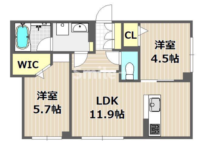 コンフォルト大元駅(2LDK/1階)の間取り写真