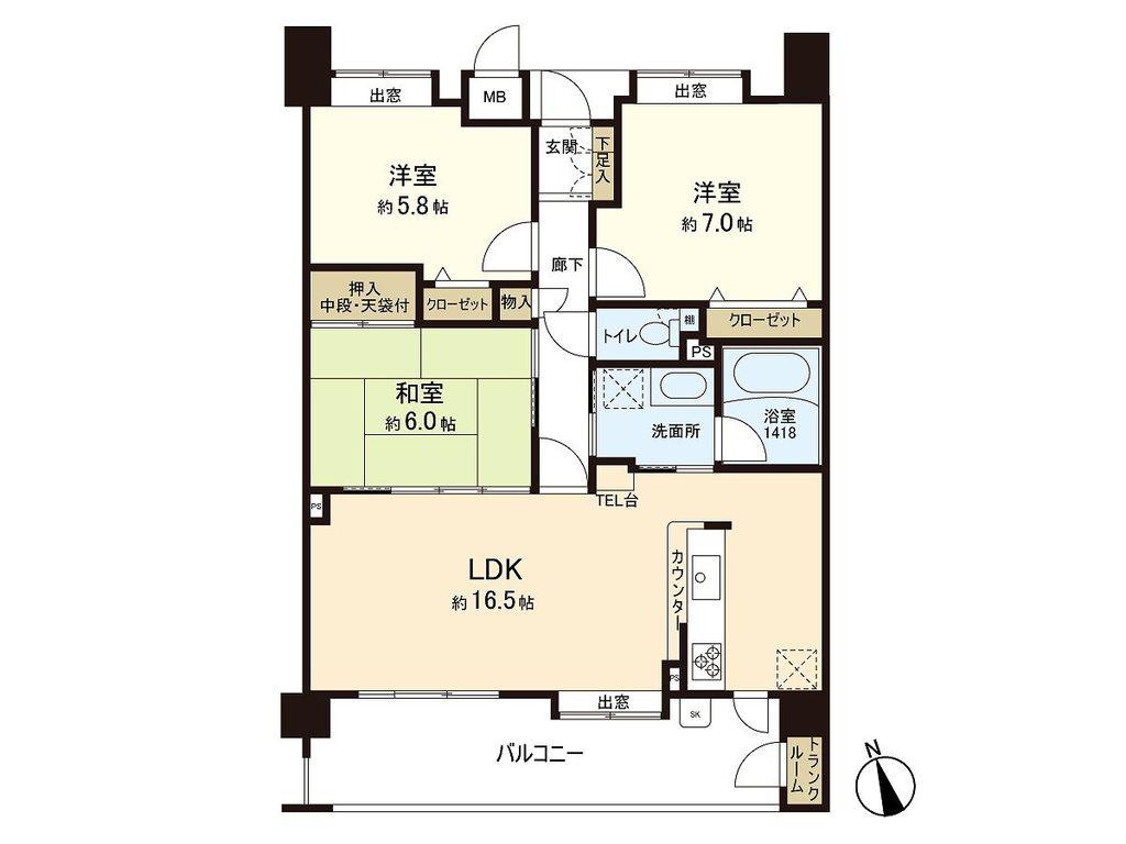 ロイヤルアーク室見駅南(3LDK/4階)の間取り写真