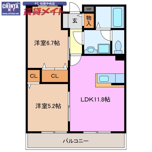 メリー・エンジェル(2LDK/2階)の間取り写真