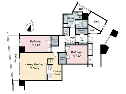 田町 タワーマンション 高層階 眺望良好 2LDK(2LDK/39階)の間取り写真