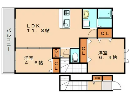 メゾンドゥ・大橋A(2LDK/2階)の間取り写真