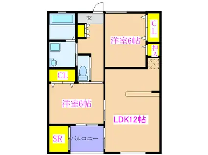 ひまわりハイツA棟(2LDK/1階)の間取り写真