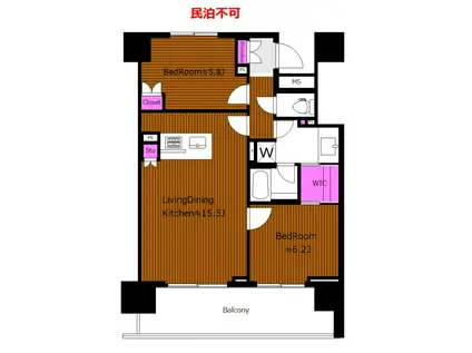 礼ゼロ ペット飼育 パークハビオ渋谷本町レジデンス H(2LDK/5階)の間取り写真