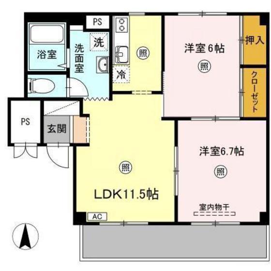 グランデュール高柳 B棟(2LDK/1階)の間取り写真
