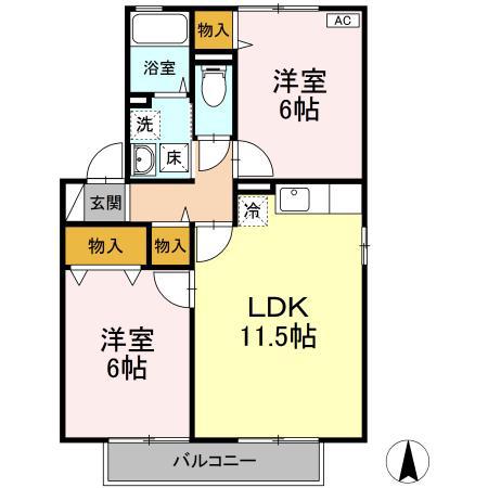 グランドコート大谷 A棟(2LDK/2階)の間取り写真