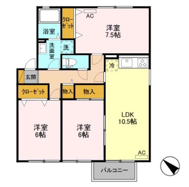 シャンドフレール黒埼D棟(3LDK/2階)の間取り写真