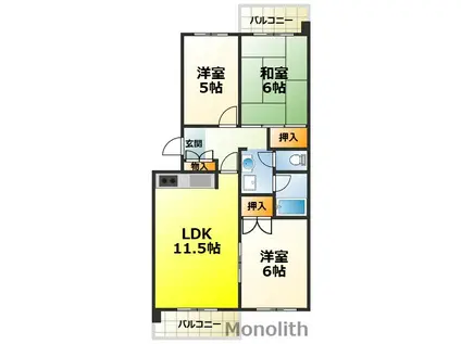 泉北鴨谷台3丁6号棟(3LDK/6階)の間取り写真