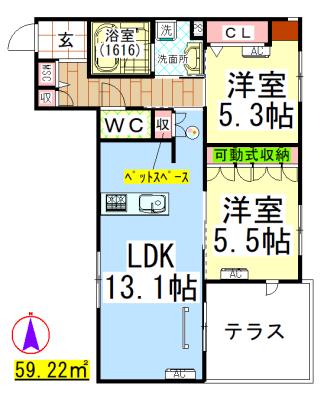 AF ペット共生・クレールメゾン凪(2LDK/1階)の間取り写真