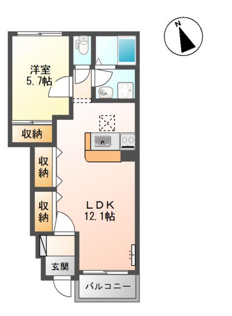 ラ・カンパネラ 新開(1LDK/1階)の間取り写真