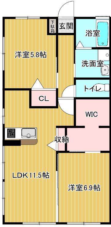 ウィズハイム駅前東 B棟(2LDK/1階)の間取り写真