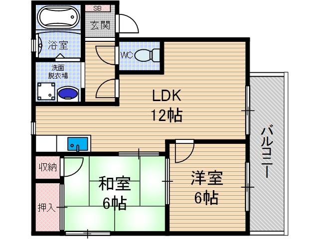ラクシュミー鳥飼B棟(2LDK/2階)の間取り写真