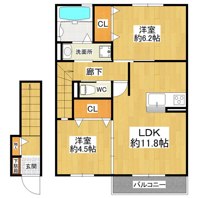 アビタシオンプリュネ(2LDK/2階)の間取り写真
