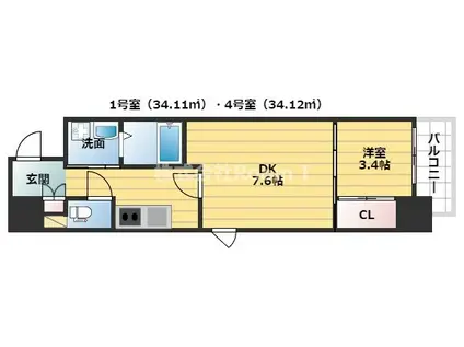 CAVANA本町 旧サムティ本町イースト THE MARKS(1DK/3階)の間取り写真