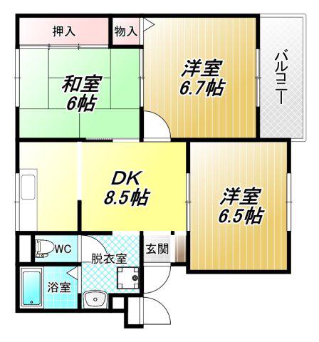 ニューリバーサイド八尾南A棟(3DK/1階)の間取り写真
