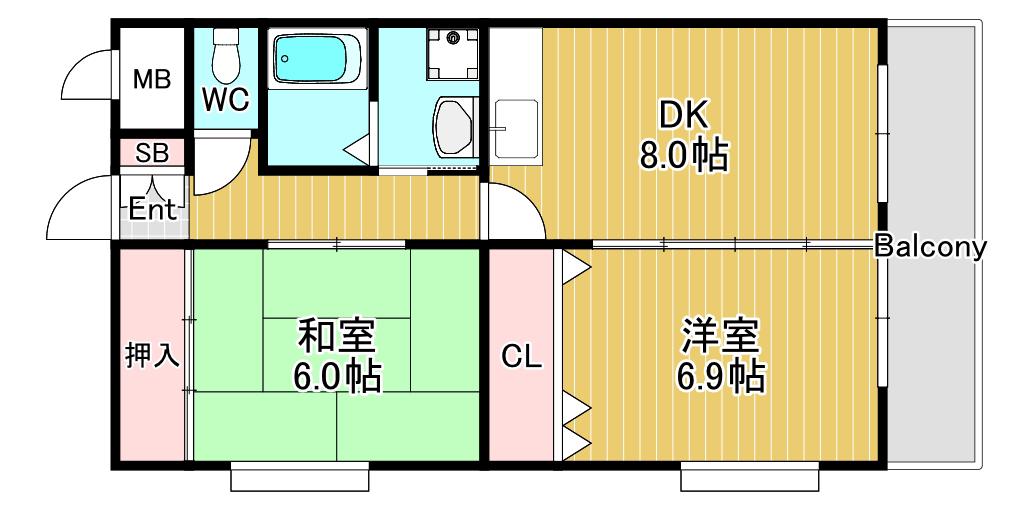 グランベル北田(2DK/3階)の間取り写真