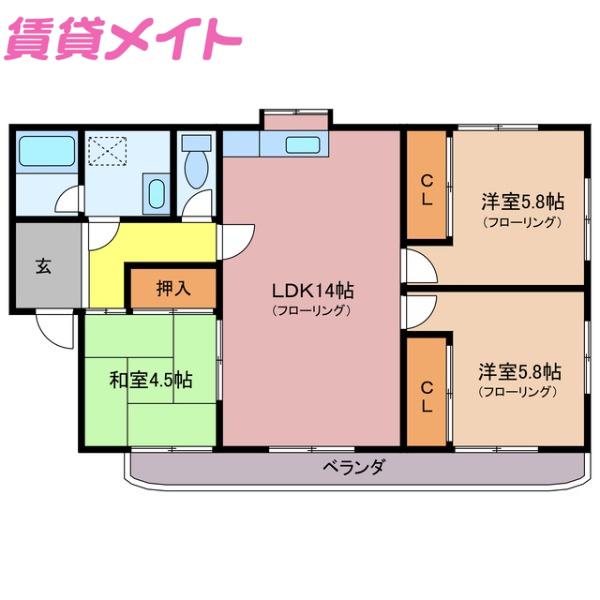 第2シャトーナツヤマ(3LDK/2階)の間取り写真
