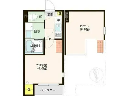 ハーモニーテラス薬師堂(1K/2階)の間取り写真