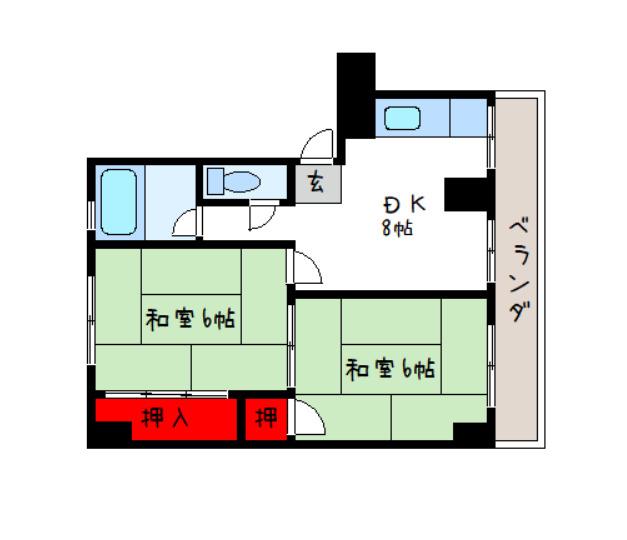 旭ヶ丘コーポラス 西棟(2DK/2階)の間取り写真