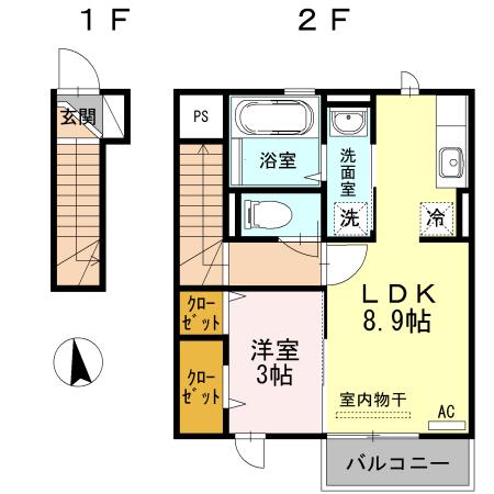 カルモタウン C棟(1LDK/2階)の間取り写真