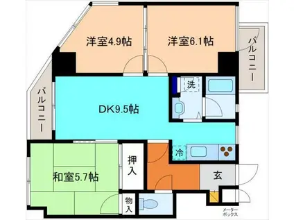 ロイヤルプラザ片町(3DK/9階)の間取り写真