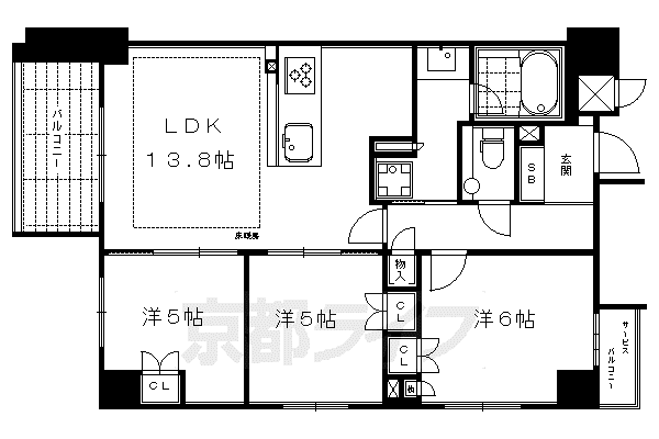 イーグルコート御所南柳馬場二条(3LDK/3階)の間取り写真