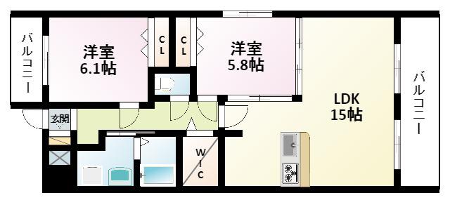アンフィニ緑地公園(2LDK/2階)の間取り写真