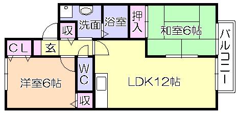 アフローテ山川B棟(2LDK/2階)の間取り写真