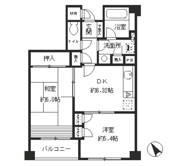 サニーヒルズあざみ野(2DK/2階)の間取り写真