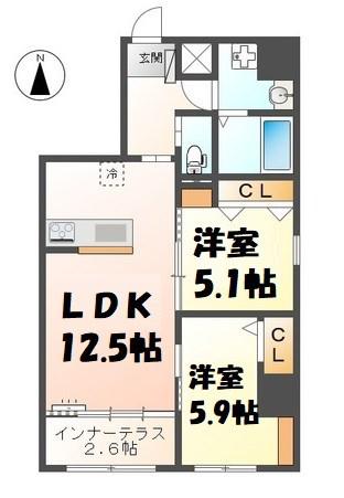 ラ カーサ明倫(2LDK/1階)の間取り写真